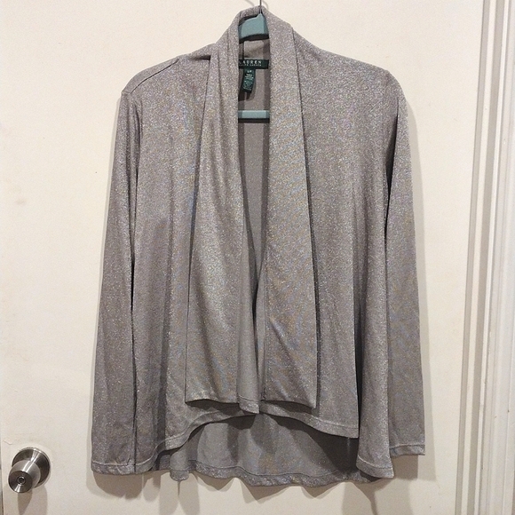 Lauren Ralph Lauren Women's Silver Shimmer Open Front Cardigan Sweater Sz S - Picture 1 of 7